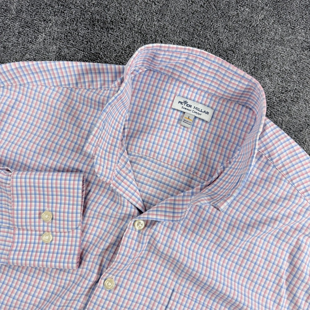 Peter Millar Summer Comfort Mens Large Pink Blue Tattersall Performance Shirt